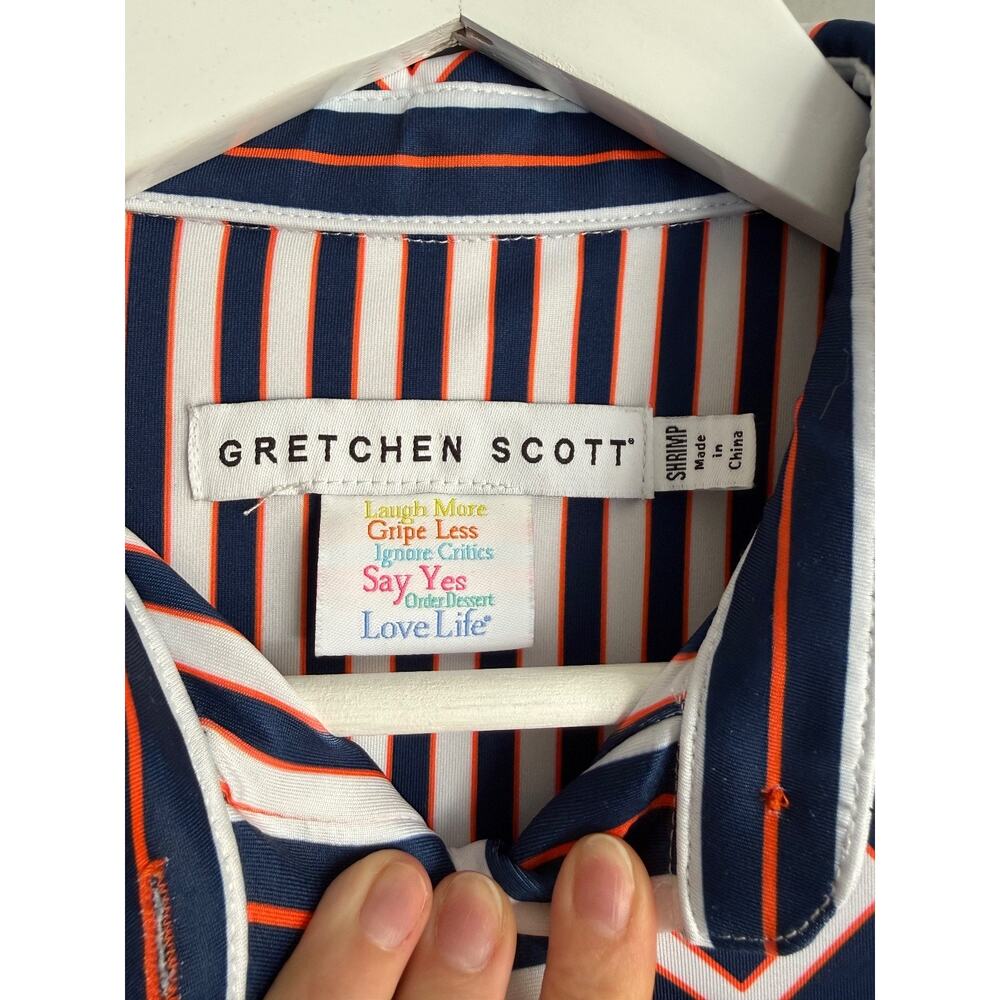 Gretchen Scott SHRIMP Shift Dress Navy Geometric Print 3/4 Sleeve Button Neck - Picture 2 of 6